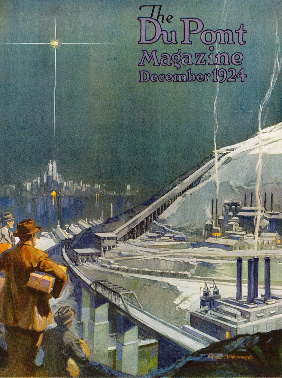 Inženýrství s výbušninami, obálka časopisu DuPont Magazine, prosinec 1924 od G. C. Pearce