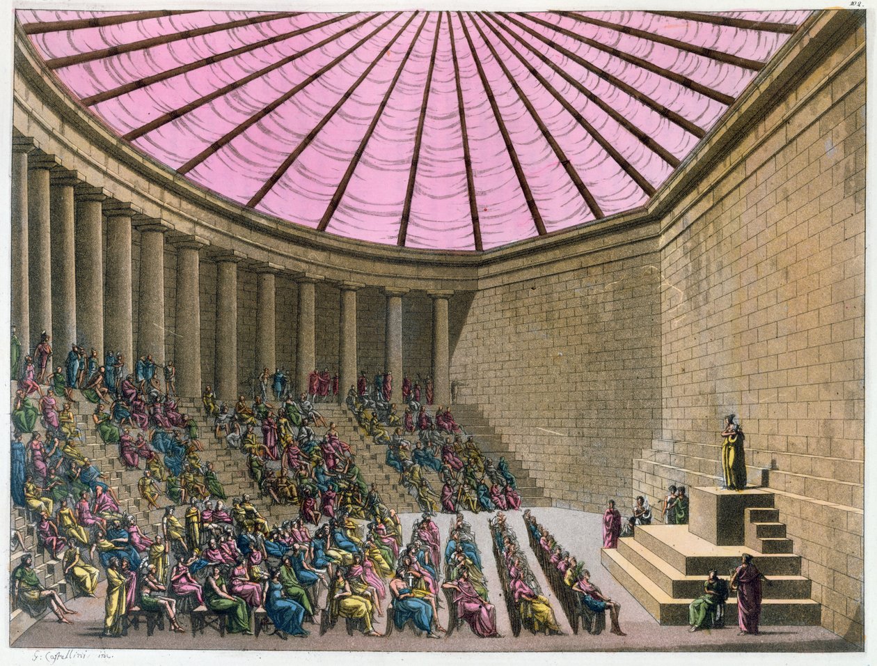Odeon v době Perikla, ilustrace z knihy "Il Costumo Antico e Moderno" od Giulia Ferraria, Milán, 1815-1834 (ručně kolorovaná rytina) od G. Castellini