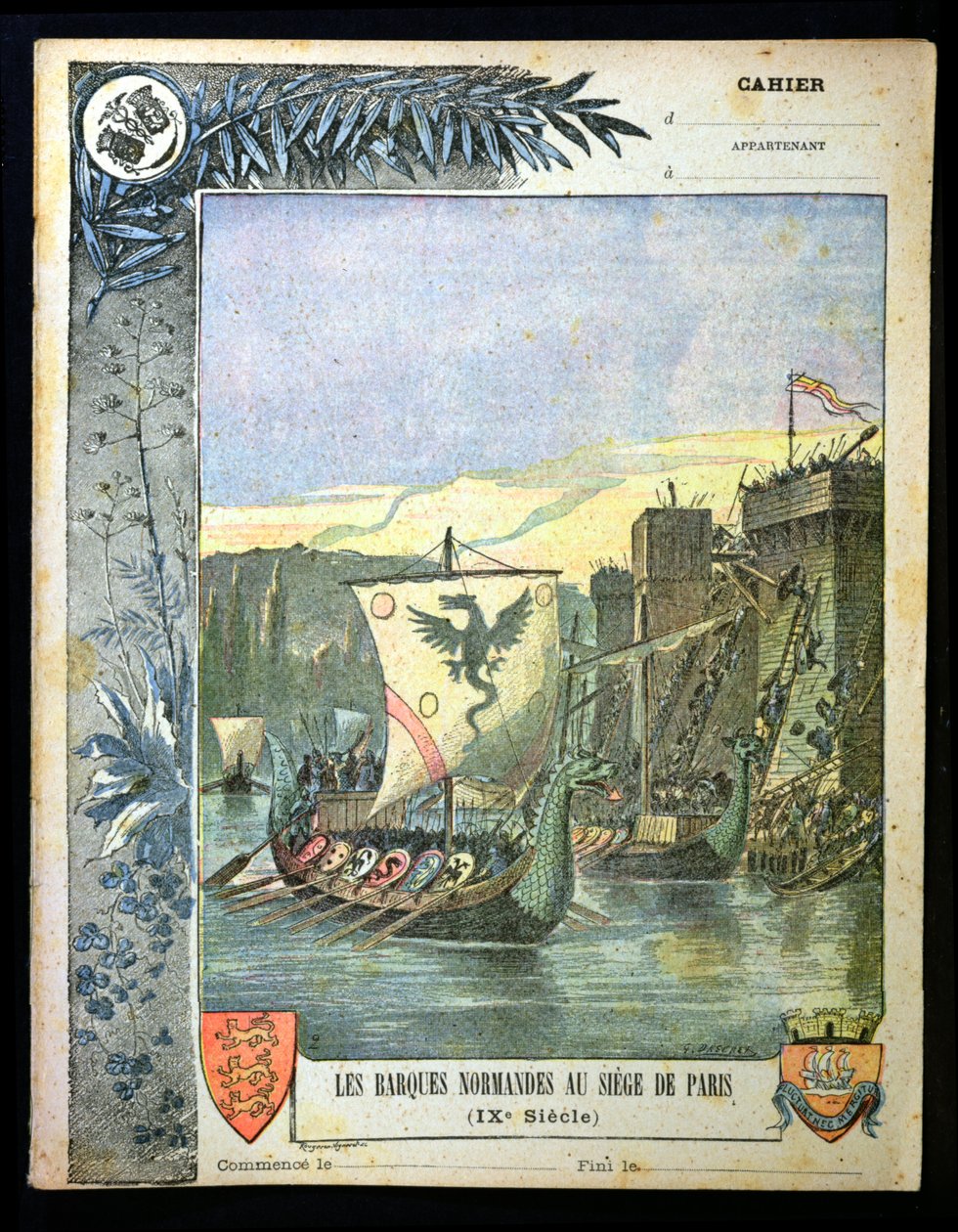 Normanské lodě obléhající Paříž, ilustrace z obálky školního sešitu, konec 19. století od G. Dascher
