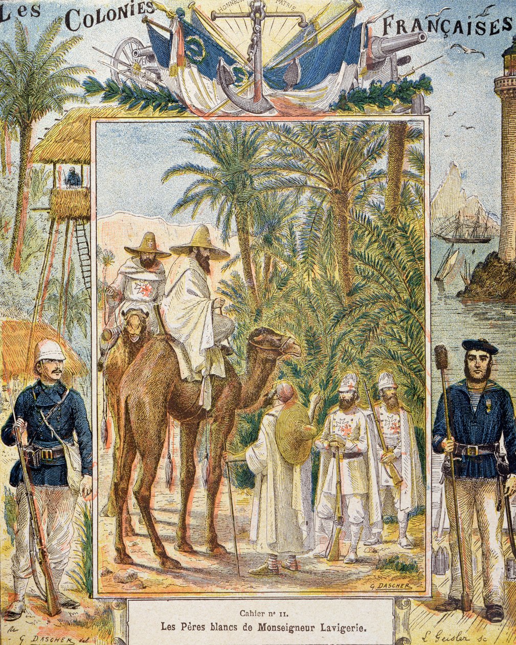 Bílí otcové kardinála Lavigerie v Africe, obálka školní knihy, ryl L. Geisler, kolem 1880-90 od G. Dascher