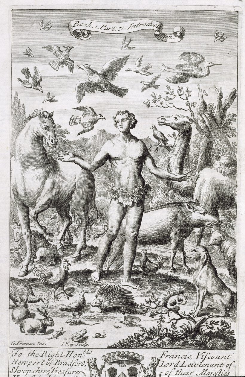 Adam v ráji se zvířaty, ilustrace k úvodu knihy 1, část 7 knihy „Principy filozofie“ od Anthonyho Le Granda, vyryl Johannes Kip (165253-1722), 1694 od G Freman