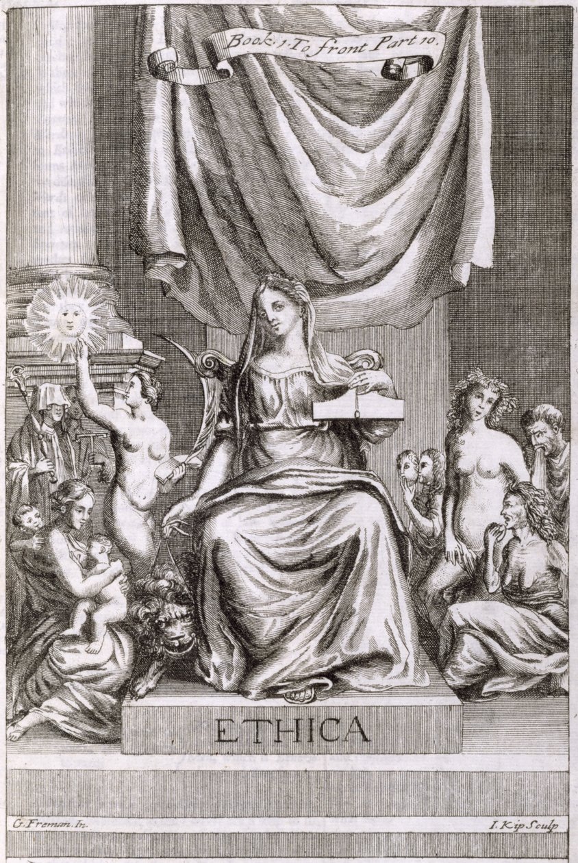 Etika, frontispis 1. knihy 10. části "Principů filosofie" od Anthonyho Le Granda, vyryl Johannes Kip (165253-1722), 1694 od G Freman