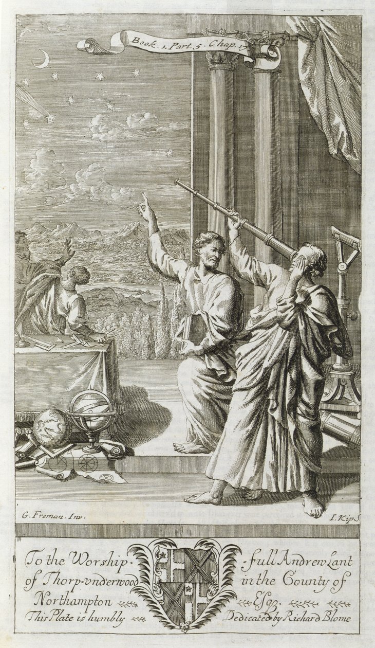 Řecký astronom studující hvězdy, ilustrace z 1. knihy, 5. části, 17. kapitoly knihy Anthony Le Grand "Principy filozofie", rytina Johannes Kip (16523-1722), 1694. od G Freman