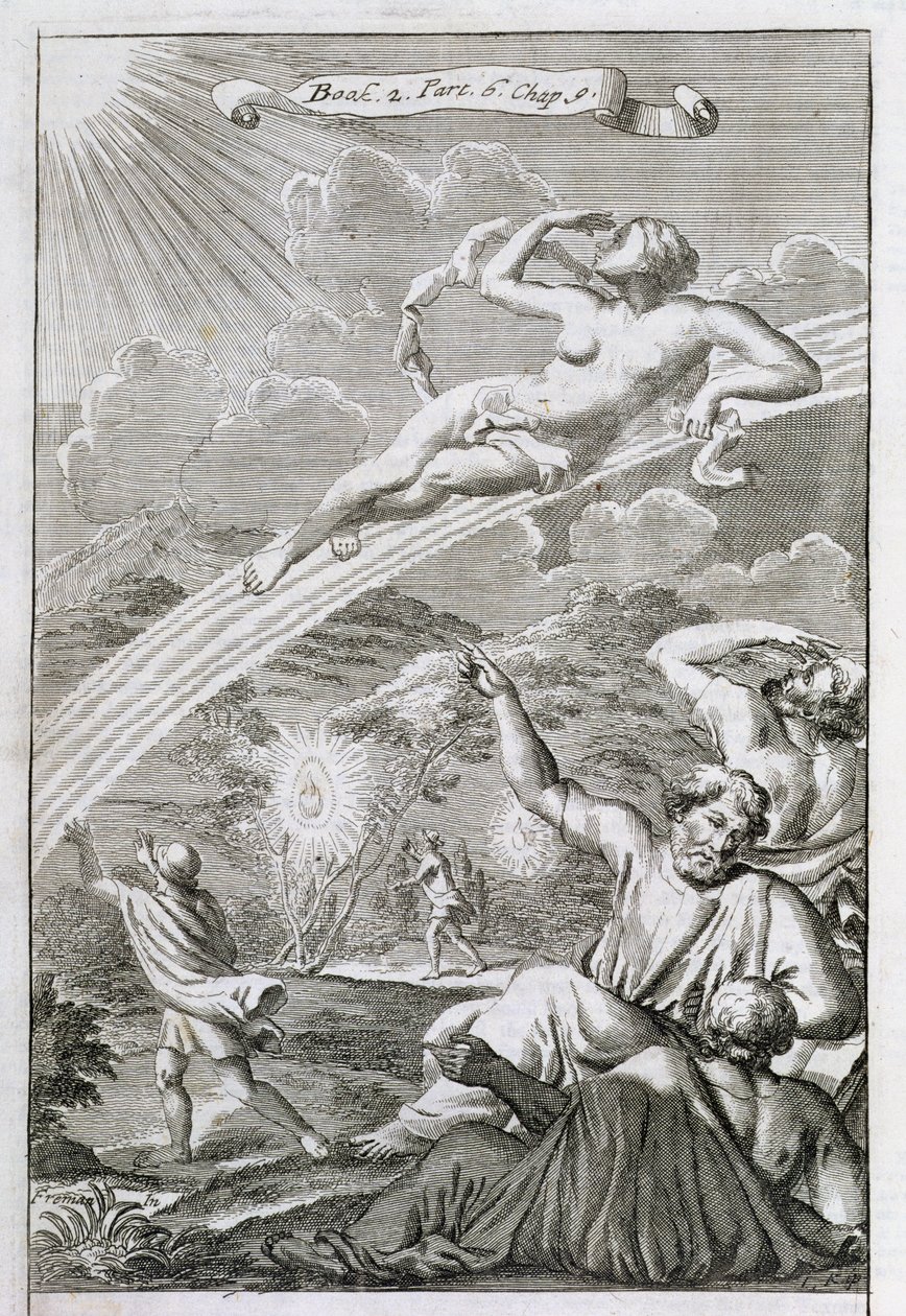 Iris on her Rainbow, ilustrace z Knihy 2 Část 6 Kapitola 9 „Principy filozofie“ od Anthonyho Le Granda, vyryto Johannesem Kipem, 1694 od G Freman