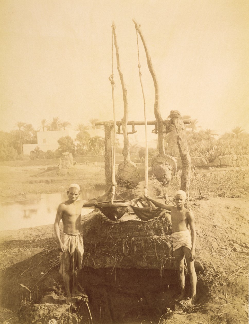 Egyptský zavlažovací stroj na březích Nilu (sépiová fotografie) od G. Lekegian