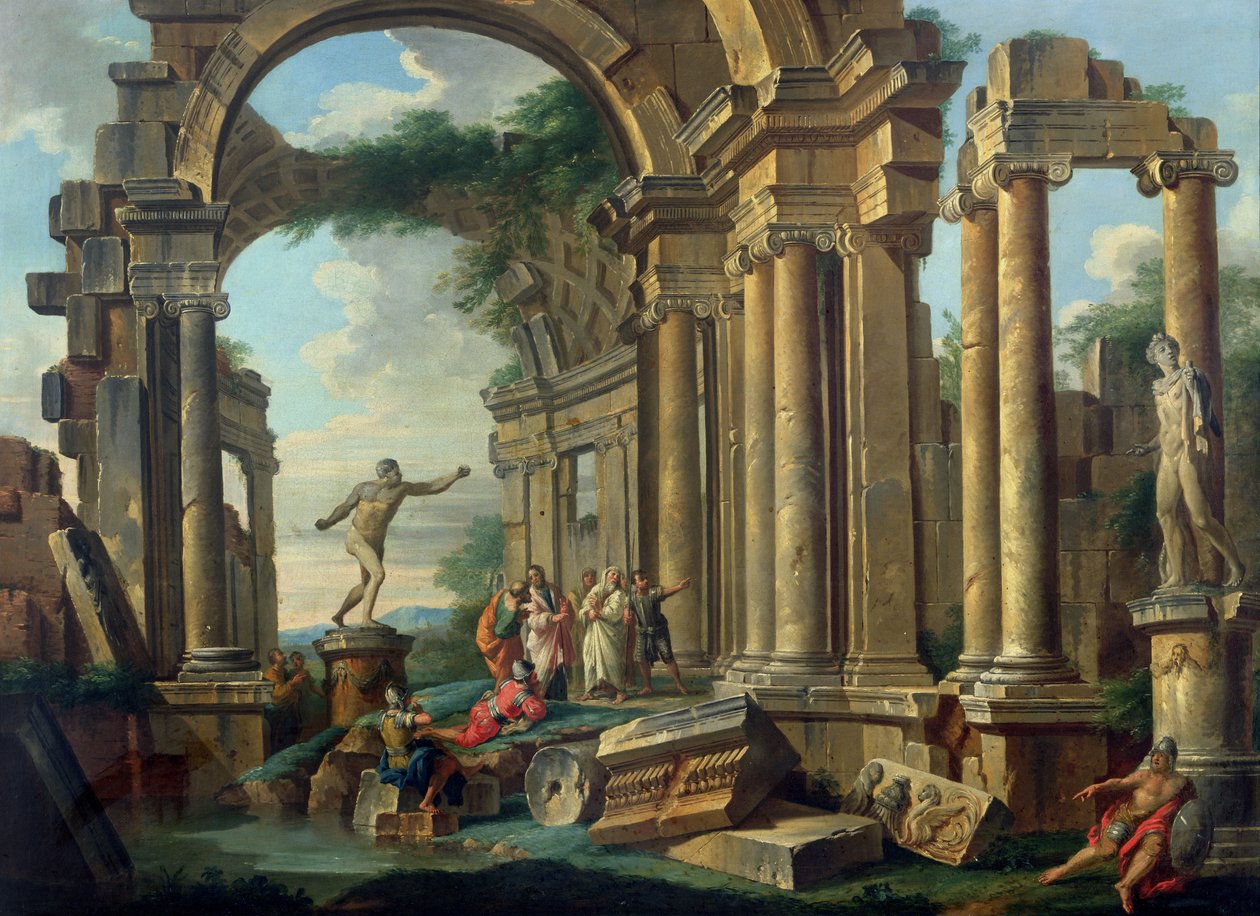 Architektonické Capriccio se sochami válečníka Agasiase a Apollo Belvedere od Giovanni Paolo Pannini