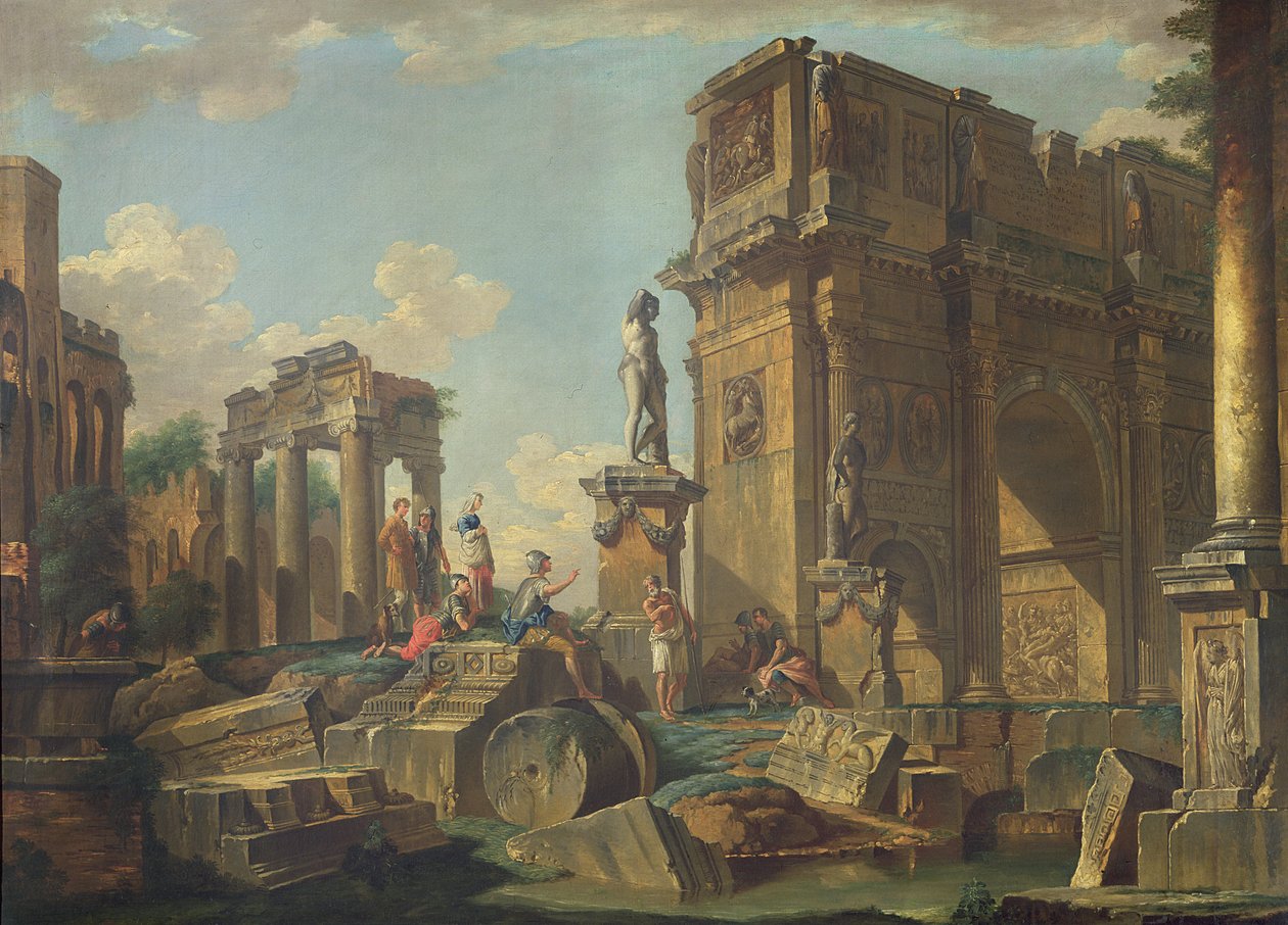 Architektonické capriccio s Konstantinovým obloukem od Giovanni Paolo Pannini