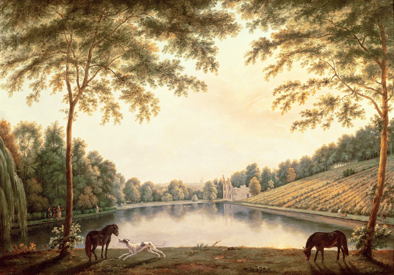 Pohled na jezero a ruiny opatství v Painshill, Surrey od G. and Gilpin, S. Barrett