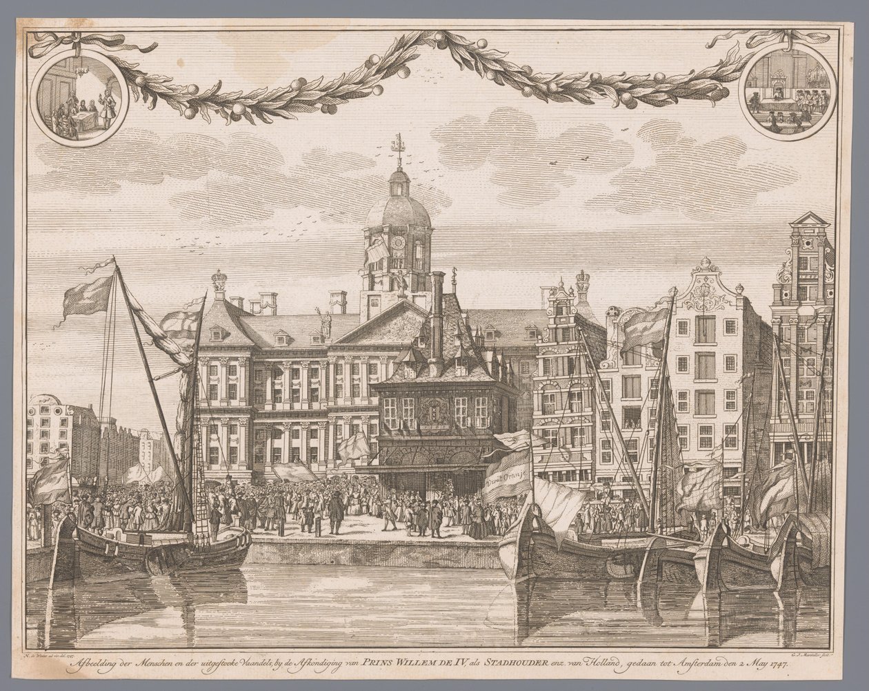 Dav na náměstí Dam v Amsterdamu oslavuje prohlášení Willema IV. jako stadtholdera Znázornění lidí a vlajek vystřelených při prohlášení prince Viléma IV. za stadtholdera atd. Holandska, provedené až do Amsterdamu dne 2. května 1747 (název na o od G.J. Marstaller
