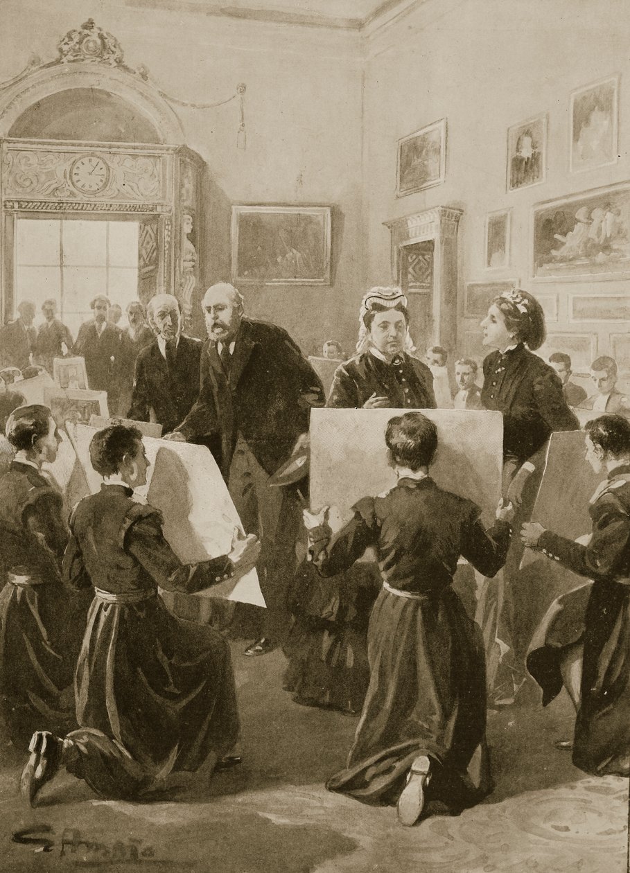 Modrokabátní chlapci ukazují své kresby královně Viktorii v Buckinghamském paláci, 3. dubna 1873, z „The Illustrated London News“, 1901 od G.S. Amato