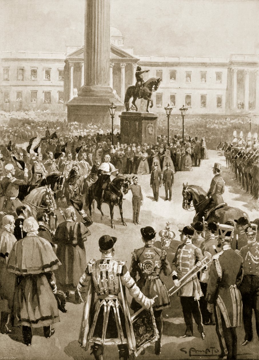 Konec krymské války: Proklamace míru na Charing Cross, duben 1856, z „The Illustrated London News“, 1901 od G.S. Amato