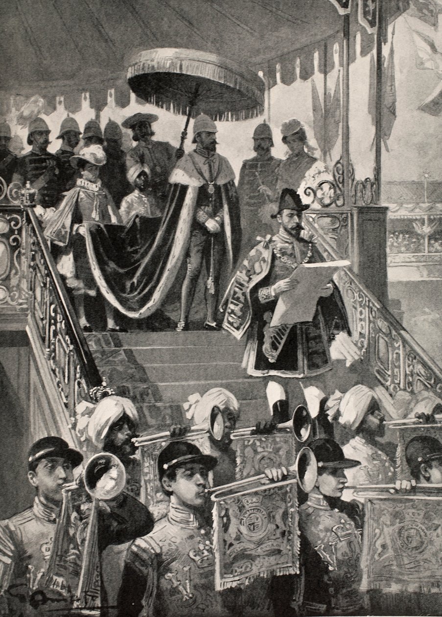 První vyhlášení indického císařského titulu britské koruny v Dillí, na Nový rok, 1877, z „The Illustrated London News“, 1902 od G.S. Amato