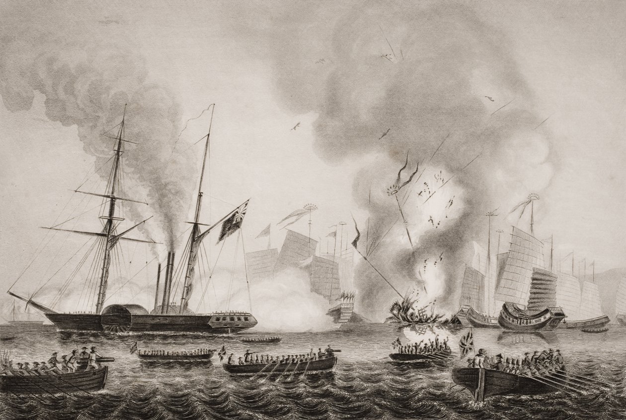 The Hon. Parník Nemesis Východoindické společnosti a lodě The Sulphur, Calliope, Larne a Starling ničí čínské válečné harampádí v Ansons Bay. 7. ledna 1841, ilustrace z 