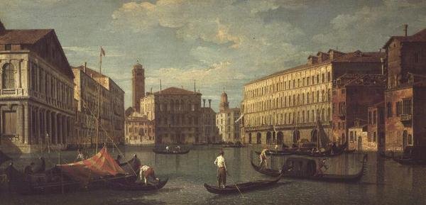 Canal Grande, Benátky, s Palazzo Mocenigo, Palazzo Balbi, Santa Maria Gloriosa dei Frari a Campo S. Toma od G. (Follower of A. Canaletto) Canaletto