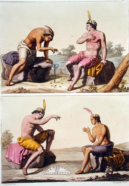Indiáni hrající Queciu (nahoře) a Porotos (dole), Chile, z „Le Costume Ancien et Moderne“, svazek II, deska 29, Jules Ferrario, vyryto Paolo Fumagalli, vydáno kolem 20.–30. let 18. století (barevně lito) od G. (after) Bramati
