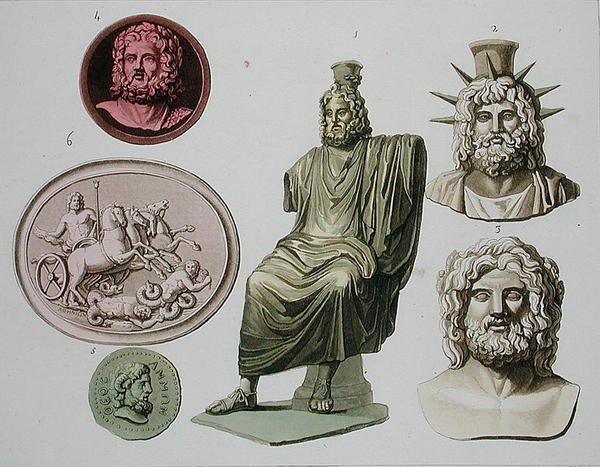 Znázornění Dia, Jupitera nebo Jovea, deska 51 z „Le Costume Ancien et Moderne“ od Julese Ferraria, vyryto D.K. Bonnatti, vydáno kolem 20.–30. let 19. století (barevné lito) od G. (after) Bramati