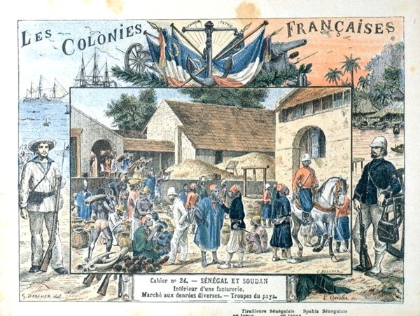 Obálka školní knihy zobrazující scény ve francouzských koloniích Senegal a Súdán, konec devatenáctého století (barevné lito) od G. (after) Dascher