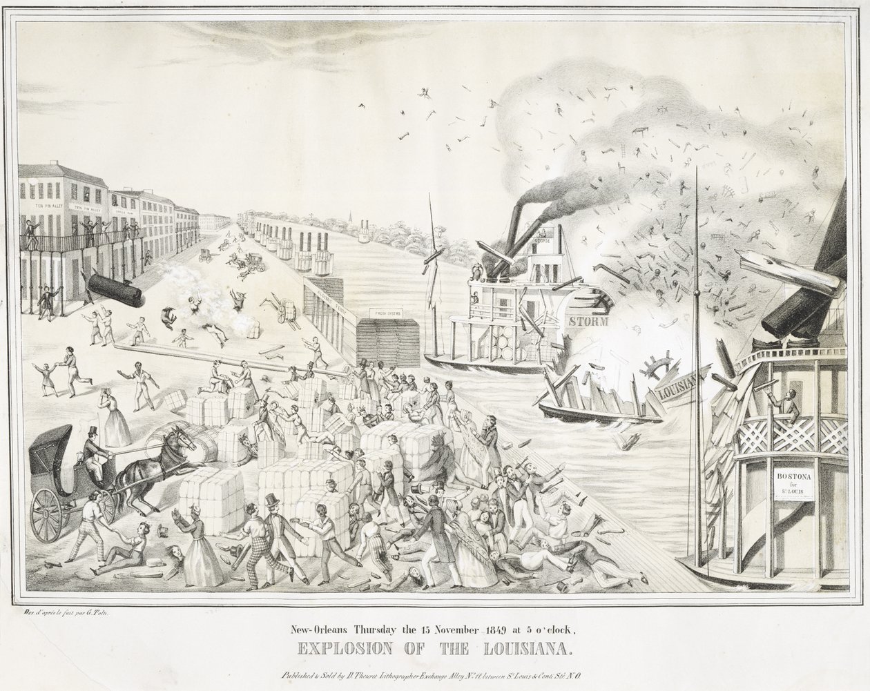 New Orleans Čtvrtek 15. listopadu 1849 v 5 hodin, exploze Louisiany, c. 1849 (chromolitograf) od G. (after) Tolti