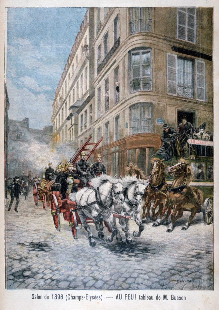 Hasičský vůz na cestě k požáru, Paříž, 1896 od G. Busson