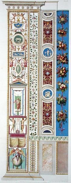 Panel z Raphael Loggia ve Vatikánu, z „Delle Loggie di Rafaele nel Vaticano“, vyrytý Giovanni Ottaviani (asi 1735-1808), publikováno kolem roku 1772-77 (ručně kolorovaná rytina) od G. and Camporesi P. Savorelli