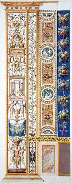 Panel z Raphael Loggia ve Vatikánu, z „Delle Loggie di Rafaele nel Vaticano“, vyrytý Giovanni Ottaviani (asi 1735-1808), publikováno kolem roku 1772-77 (ručně kolorovaná rytina) od G. and Camporesi P. Savorelli