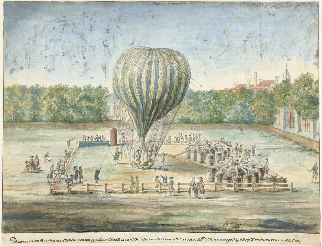 Start Blanchardova balónu v Haagu v roce 1785 od G. Carbentus (signed by artist)