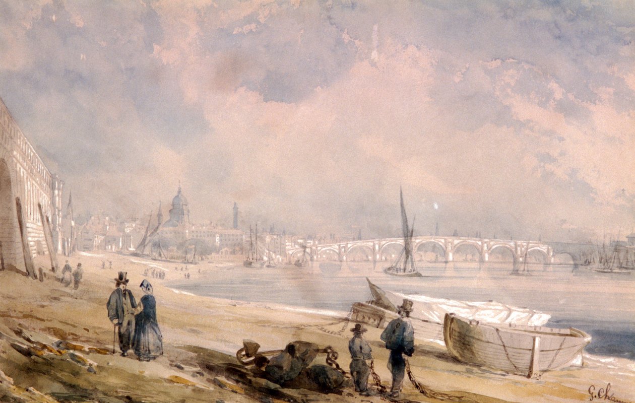 Temže při odlivu a Blackfriars Bridge, Londýn, 1847 od G Chaumont