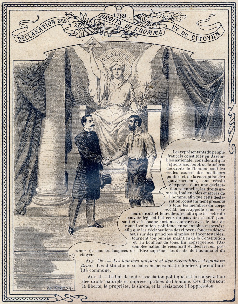1789: Deklarace práv člověka a občana: rovnost. Rytina do „Jednotné knihy mravů a ​​občanské výchovy, určené pro žáky tří oborů základní školy a pro žáky základních tříd lyceí a vyšších odborných škol, II. od G. Dascher