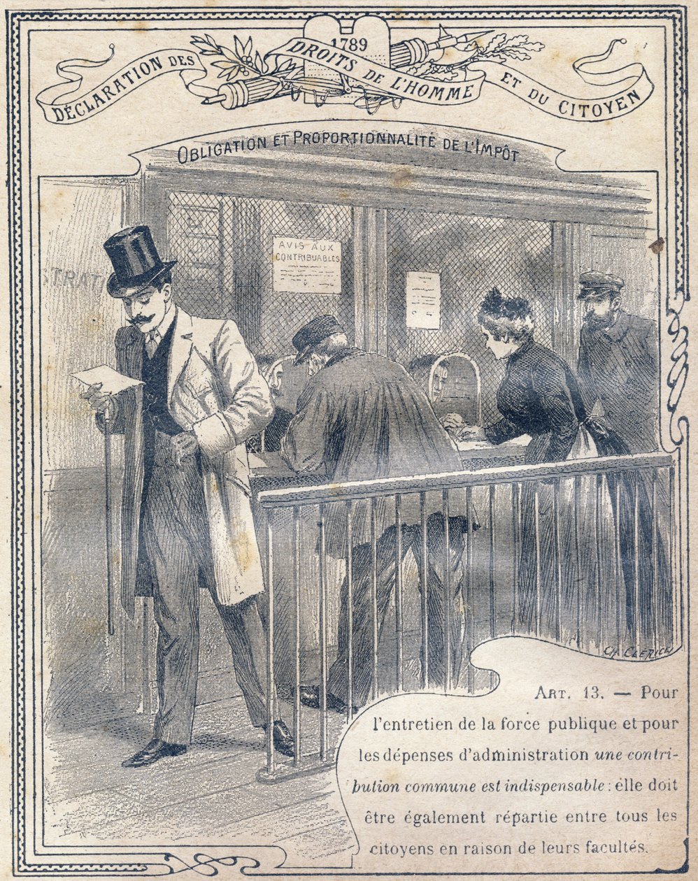 1789: Deklarace práv člověka a občana: Povinnost a přiměřenost daně. Hlubotisk v „Ojedinělé knize etiky a občanské výchovy, určené pro studenty tří oborů základní školy a základních tříd od G. Dascher