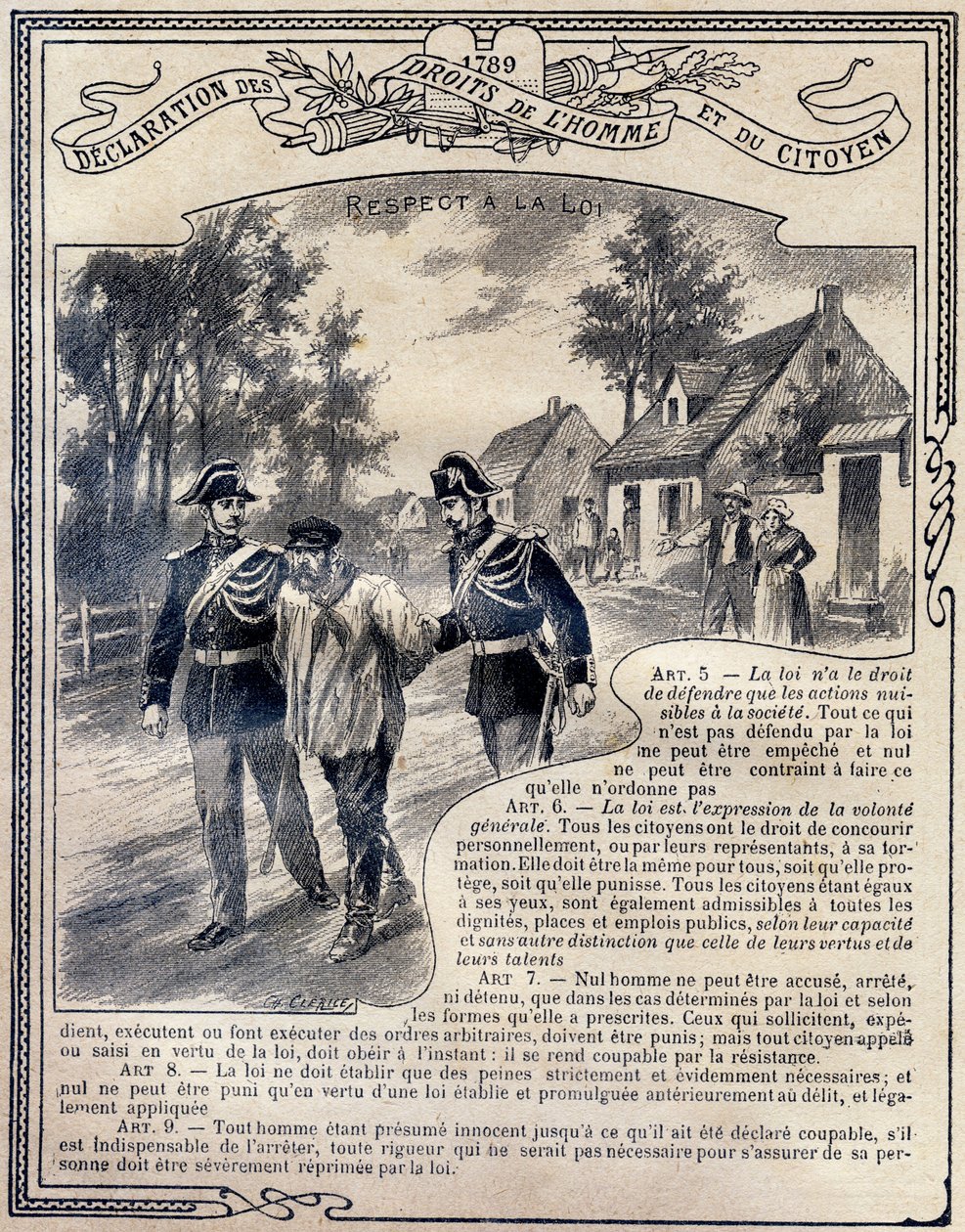 1789: Deklarace práv člověka a občana: Úcta k právu. Rytina v „Unikátní knize etiky a občanské výchovy, určená studentům tří oborů základní školy a primárních tříd lyceí a vyšších odborných škol, Deuxi od G. Dascher