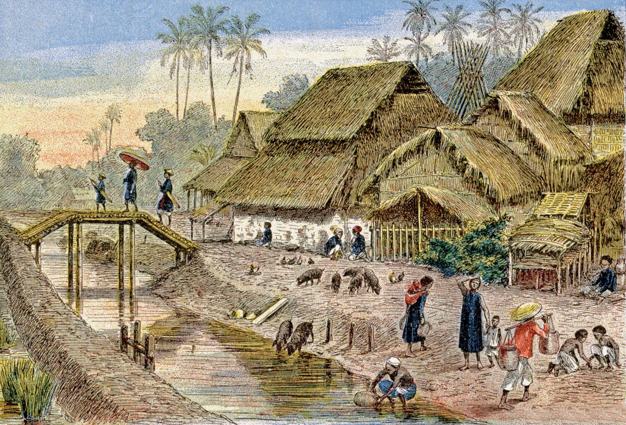Annamese vesnice, Francouzská Indočína, cca 1900 (ilustrace) od G. Dascher