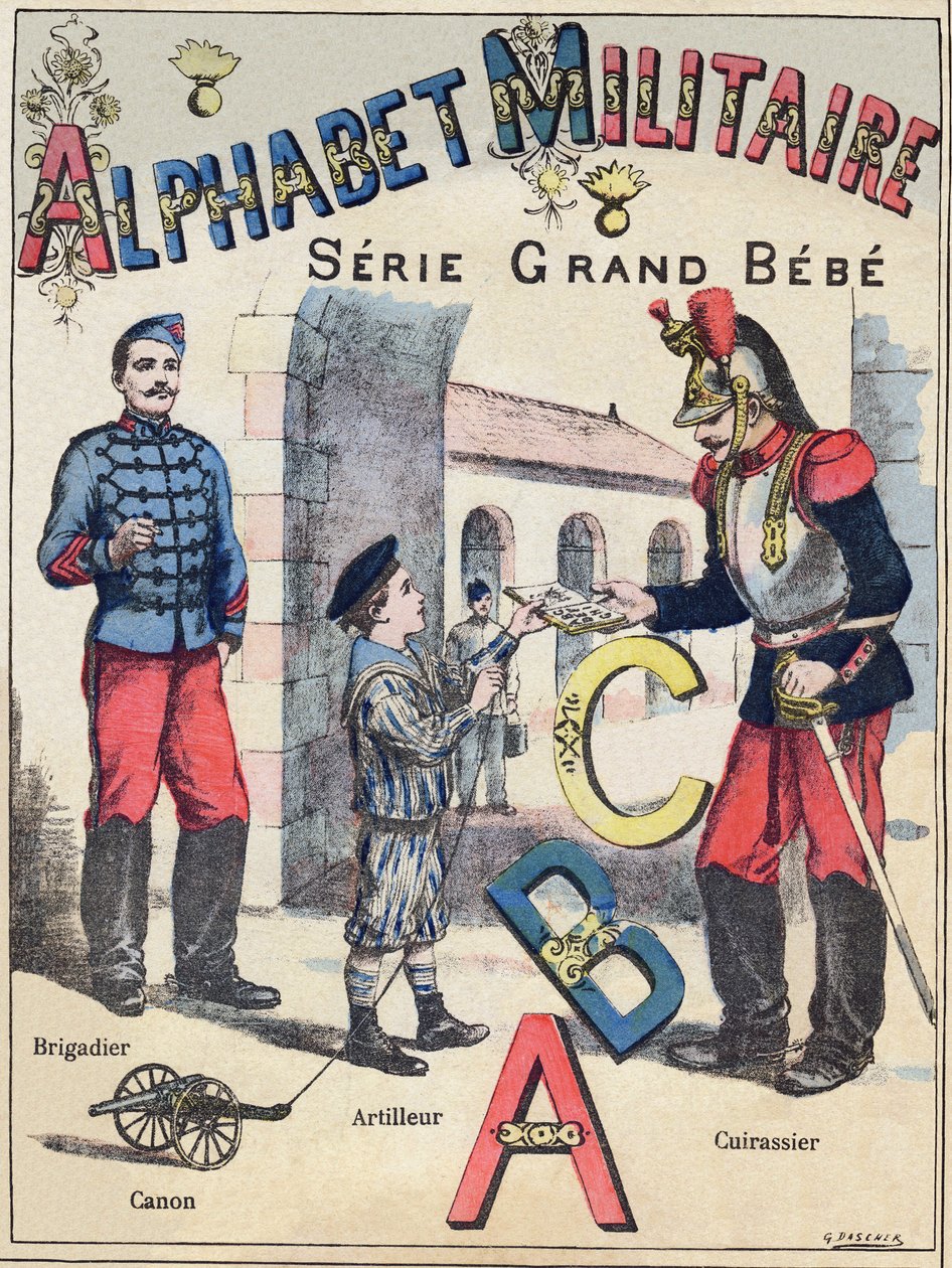 Obálka "Vojenské abecedy", série Grand-Bebe. Rytina. Pont-a-Mousson zobrazování. Louis Vagne, Printer-Publisher, circa 1900. Ilustrace G. Dascher. 20 stran. Rozměr: 31,5 x 24,5 cm od G. Dascher