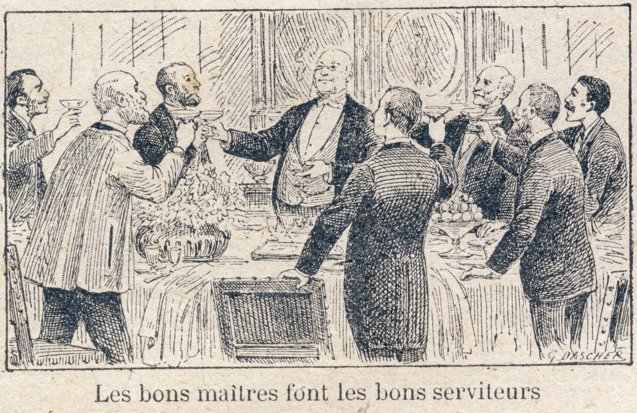 Povinnosti dítěte ve škole: Povinnosti pánů a šéfů vůči sluhům a zaměstnancům. "Dobří páni dělají dobré sluhy." Rytina v "Jedinečné knize mravouky a občanské nauky, určené pro žáky tří předmětů základní školy a od G. Dascher