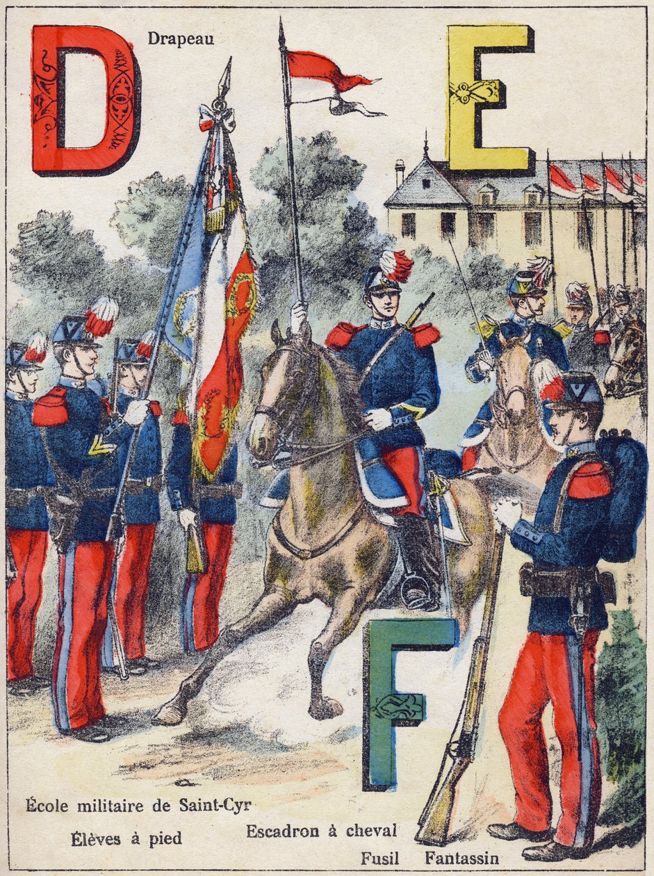 Písmena D E F: Vlajka, Vojenská škola Saint-Cyr (Saint Cyr), Pěší Elévé, Horse Squadron, Rifle and Fantassin, kolem roku 1900 (litografie) od G. Dascher