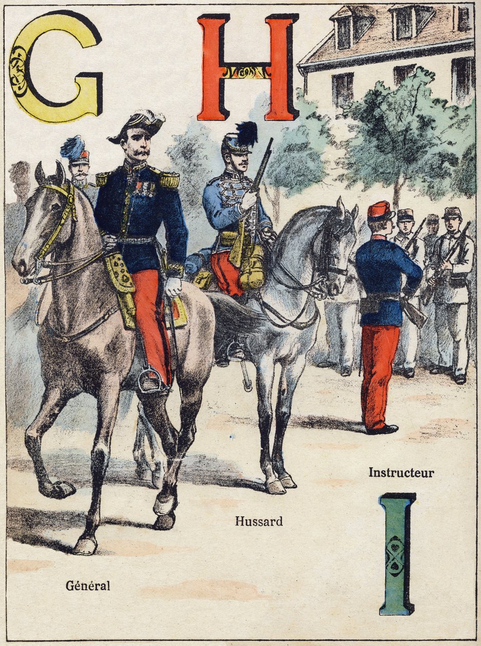 Písmena G H I: Generál, Hussard a Instruktor. Gravírování v "Alphabet militaire", série Grand-Bebe. Rytina. Pont-a-Mousson zobrazování. Louis Vagne, Printer-Publisher, circa 1900. Ilustrace G. Dascher. 20 stran. Rozměr: 31,5 x 24,5 cm od G. Dascher