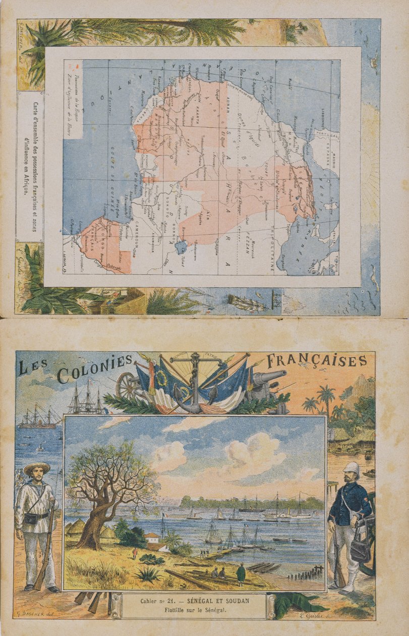 Mapa francouzských držav a sfér vlivu v Africe a pohled na řeku Senegal, obálka školního sešitu, konec 19. století (barevná rytina) od G. Dascher