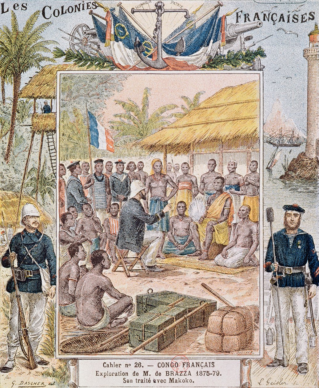 Průzkum pana de Brazza (1875-79) Jeho smlouva s Makoko, ilustrace z „Les Colonies Francaises“ od G. Dascher