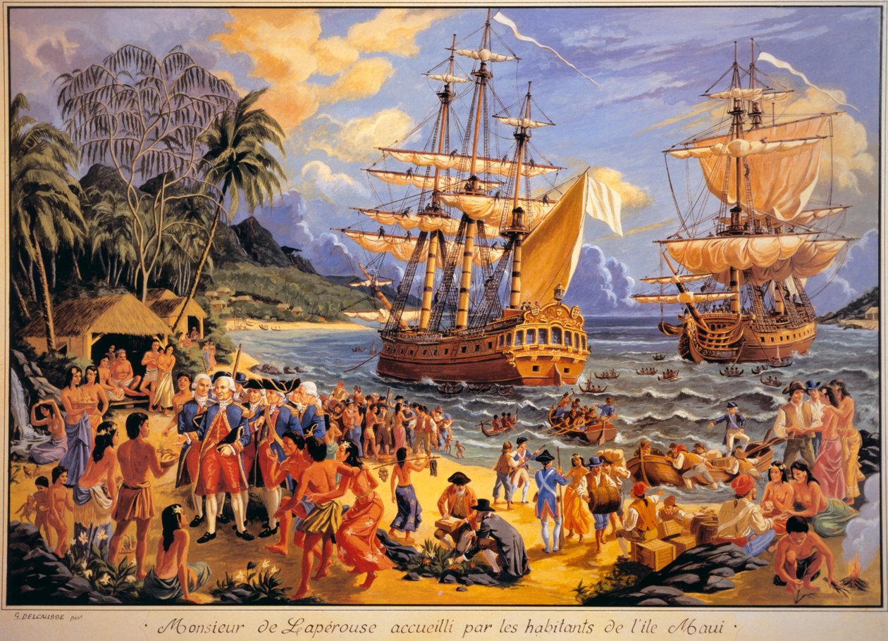 Jean Francois Galaup de Laperouse vítán obyvateli ostrova Mawee na Sandwichových ostrovech v Tichém oceánu (barevné lito) od G. Delcausse