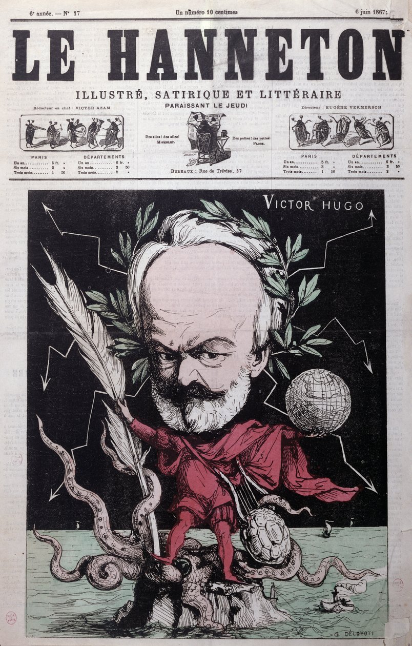 Karikatura Victora Huga (1802-85) jako Zeuse v exilu na Guernsey z přední obálky Le Hanneton, červen 1867 od G. Deloyoti