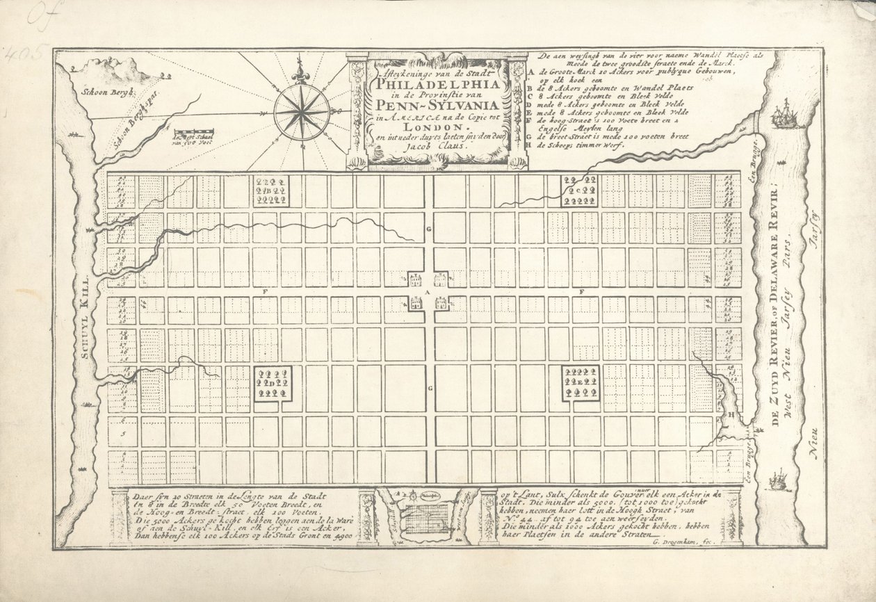 První plán pro Philadelphii, navržený Williamem Pennem a Thomasem Holmem v roce 1682, 1684 od G. Drogenham