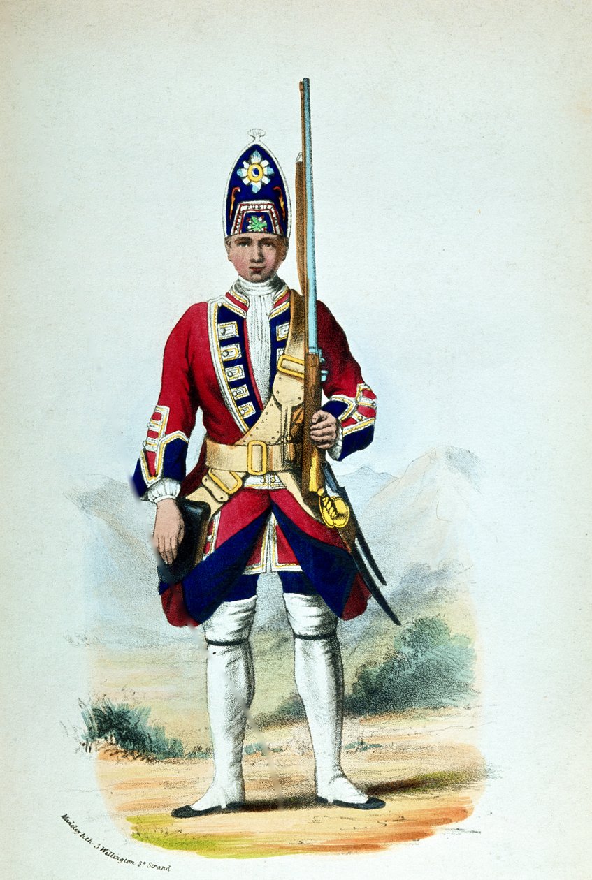 Vojín v Royal North British Fusiliers v roce 1742, pro Cannons Military Records od G. E. Madeley
