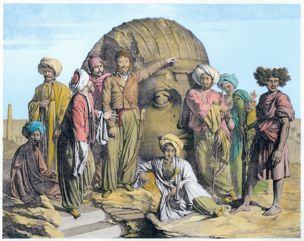 Archeolog Bernardino Drovetti měřící kolosální hlavu v egyptské poušti, 1819 od G Engelmann