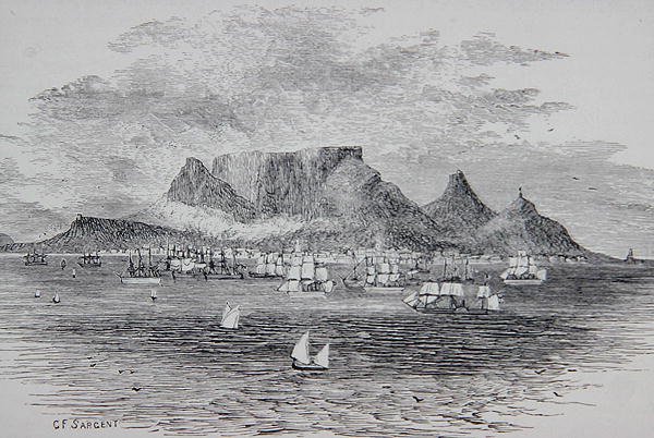 Kapské město při pohledu z Table Bay, Jižní Afrika, z „Galerie geografie“ od reverenda Thomase Milnera, publikované kolem roku 1880 (rytina) od G. F. (after) Sargent