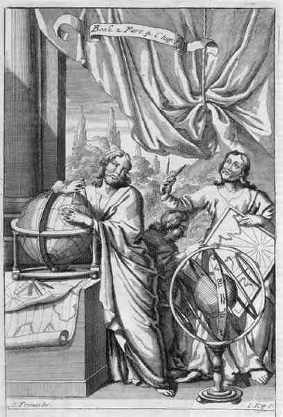Kartografové při práci, ilustrace z 2. knihy, 4. části, 7. kapitoly "Principů filozofie", vyryl Johannes Kip (1652/43-1722) od G Freman