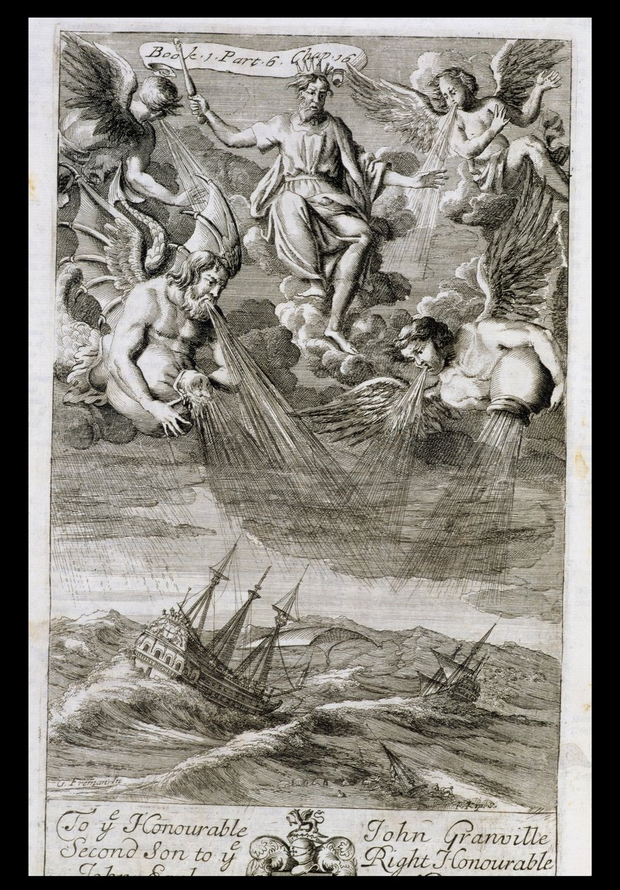 Jupiter vrhá bouři na oceán, ilustrace z 1. knihy, 6. části, 16. kapitoly knihy Anthonyho Le Granda "Principy filozofie", vyryl Johannes Kip (16523-1722), 1694. od G Freman