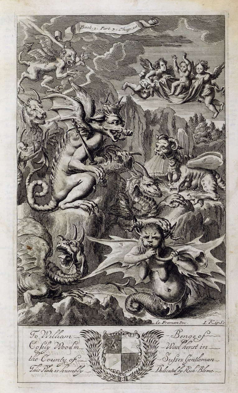 Scéna z pekla, ilustrace z Knihy 1 Část 3 Kapitola 10 „Principy filozofie“ od Anthonyho Le Granda, vyryl Johannes Kip (16523-1722) 1694 od G Freman