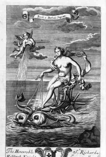 Venuše na voze taženém delfíny, ilustrace z knihy 1, část 6, kapitola 11 knihy „Principy filozofie“ od Anthonyho Le Granda, vyrytý Michiel van der Gucht (1660-1725) od G Freman