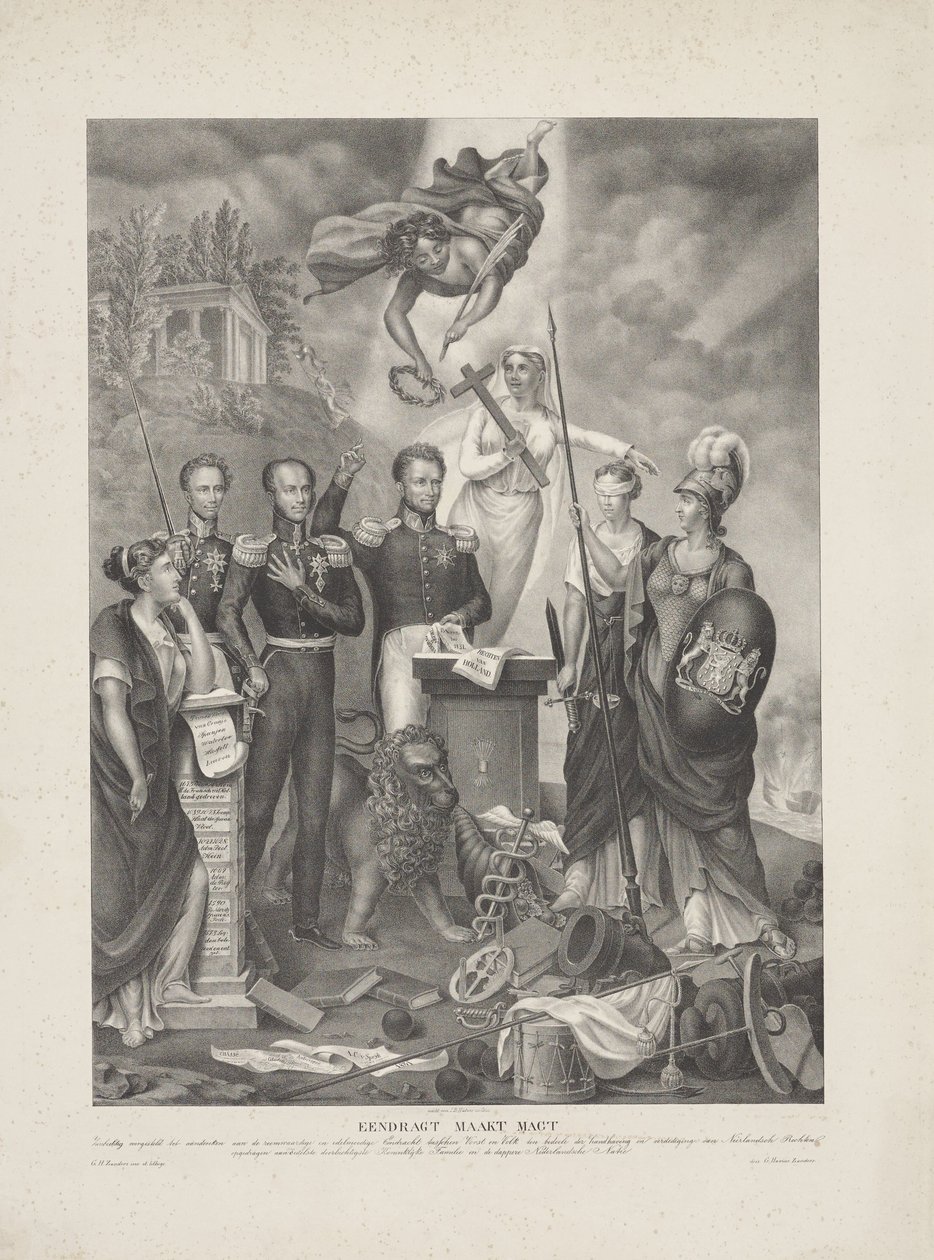 Alegorie smlouvy mezi princem a lidem, 1832 Eendragt činí Magt / Zinnebeeldig prezentován na památku slavného a velkorysého Eendrachtu mezi princem a lidem za účelem zachování a obrany holandských práv (titul o od G. Havius Zanders