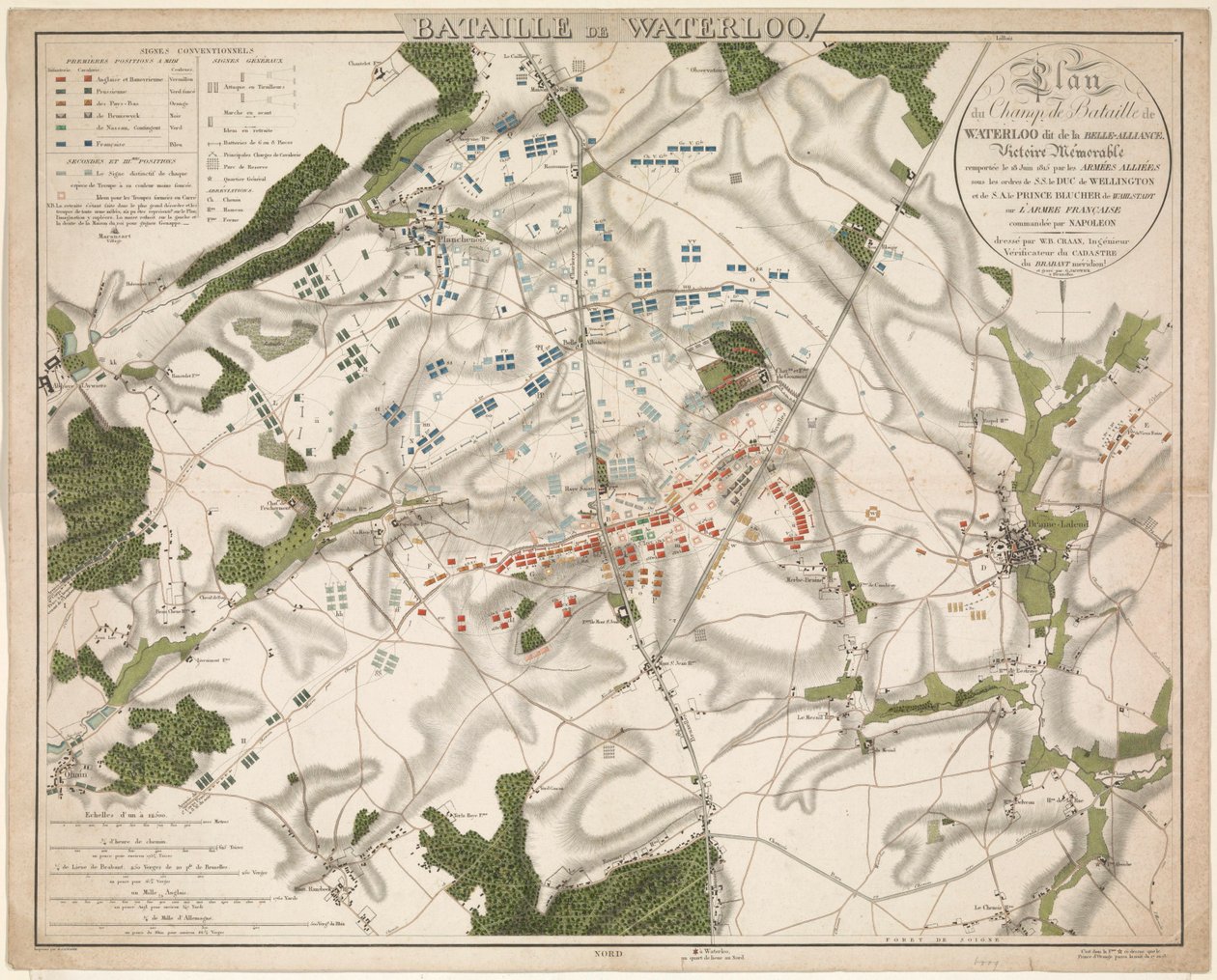Kaart van de Slag u Waterloo, 1815 Bitva u Waterloo / Plán bitevního pole u Waterloo s názvem Belle-Alliance. Památné vítězství vybojované 18. června 1815 spojeneckými armádami (...) (název na předmětu) od G. Jacowick