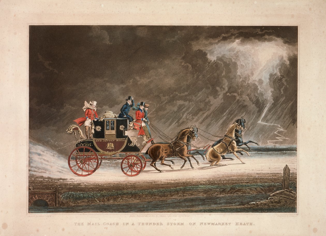 Poštovní autobus v bouřce na Newmarket Heath, Suffolk, 1827. od G Reeves